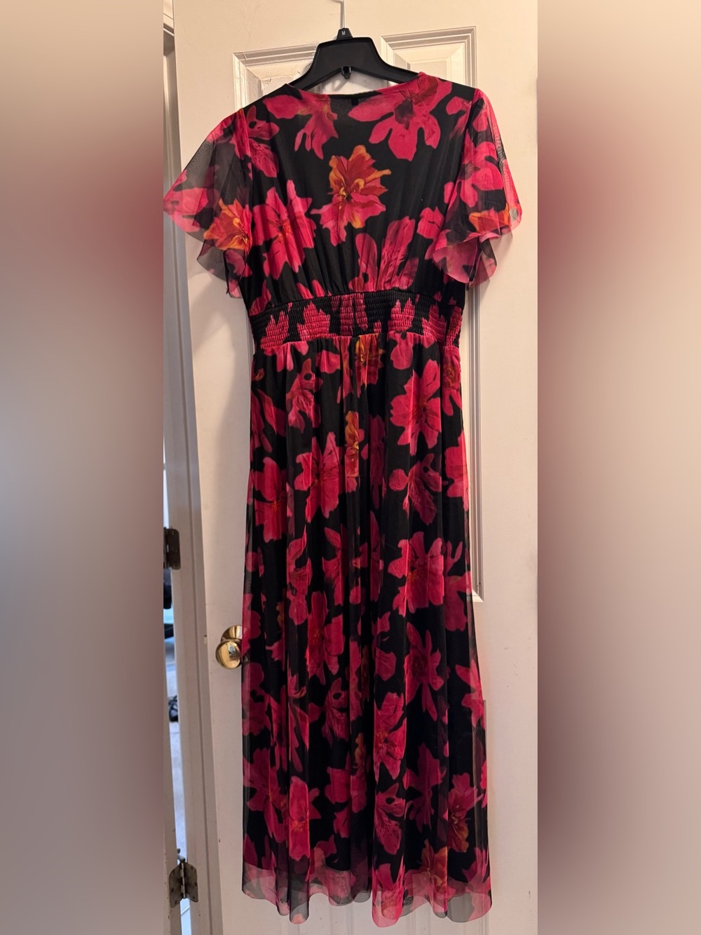 Floral Tulle Short Sleeve Flowy Maxi Dress, V Neck, A-Line Elastic Waist , SZ L
